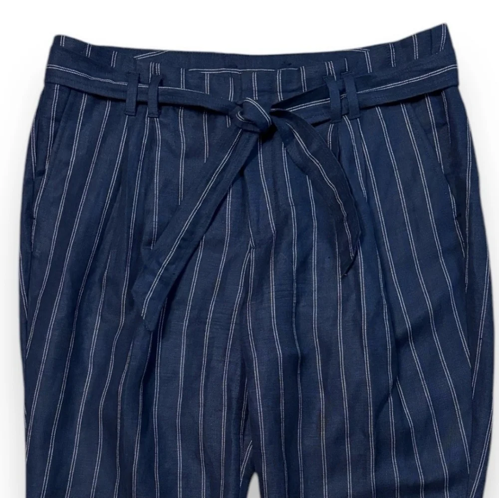 BANANA REPUBLIC Navy Striped Linen Blend Cropped Trousers Paper Bag Waist